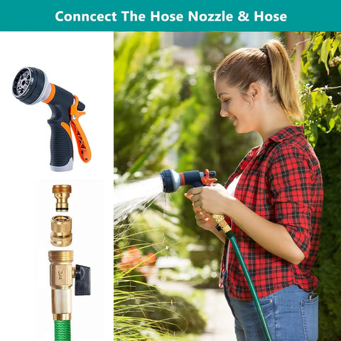 Woman using a 4 Pack Garden Hose Quick Connectors Three Quarters Inch GHT Thread Brass Fittings No Leak Water Hose Adapters Set with nozzle.