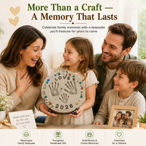 Family holding a Custom DIY Family Handprint Stone Kit With Concrete Mold, Letter And Number Stamps, Colorful Gems For Indoor Outdoor Garden Keepsake Craft