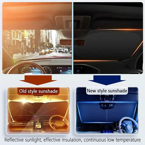 Comparison of old and new Heavy Duty Windshield Sunshade For Tesla Model 3 Y S X Cybertruck showing effective sunlight blocking.