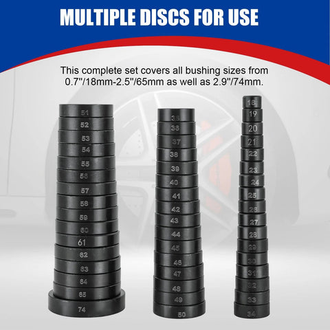 NYXOVA 52-in-1 bushing driver tool set with black plastic discs labeled 18–34, 35–50, 51–65 for bearing race removal/installation