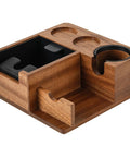 Heavy Duty Solid Walnut Espresso Tamper Station With Integrated Knock Box And Filter Cup Non Slip Base side view showing robust wooden design.