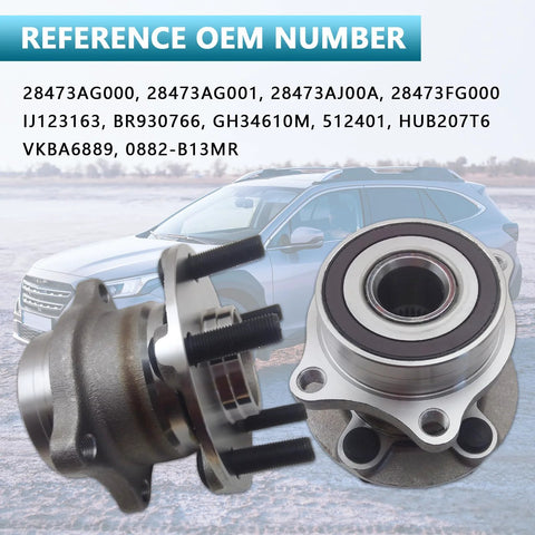 Two-piece Five-Lug Wheel Hub Bearing Assembly With ABS for Toyota and Subaru vehicles, model 512401, shown with OEM numbers.