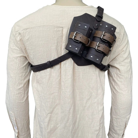 Mannequin wearing Medieval Faux Leather Double Back Sword Frog For Mercenary Cosplay with adjustable buckles, rear view.
