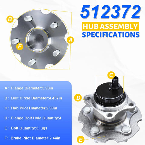 Rear Wheel Bearing Hub Assembly 2 Pack 5 Lug 512372 For Scion tC 2011-2016 RAV4 2006-2016 And Lexus HS250h 2010-2012 specs diagram