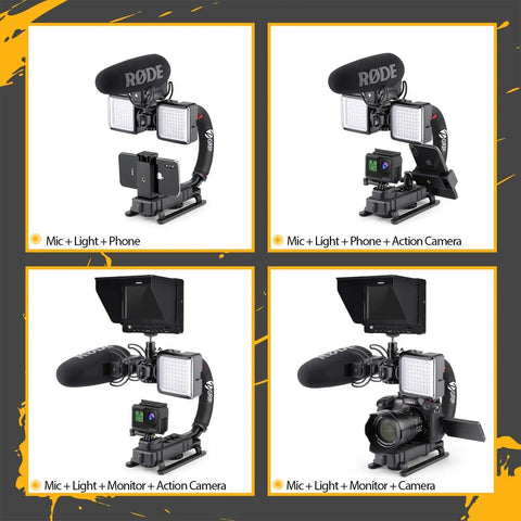 Four setups of Comfy Handheld Video Stabilizer Grip With Cold Shoe Mount For DSLR Cameras And Camcorders