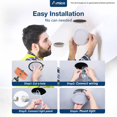 Man demonstrating easy installation of 12 Pack 6 Inch Ultra Thin Led Recessed Ceiling Lights Featuring 5Cct Toggle Adjust And 1050 Lumens Each.