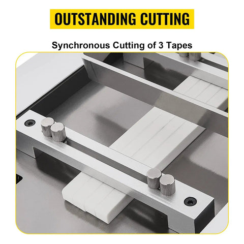 YS 100 Auto Heat Shrink Tube Cold Cutting Machine With 350W Power And Precise Microcomputer Control For PVC Tape Tape Belts Up To Half Inch Diameter, showing synchronous cutting of three tapes.