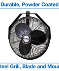 Front view of 18 Inch Industrial Wall Mount Fan With Pivoting Head For Directional Airflow One Sixth Horsepower Powder Coated Steel Black.