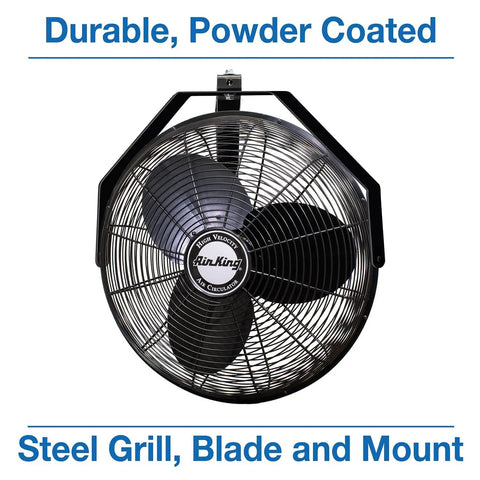 Front view of 18 Inch Industrial Wall Mount Fan With Pivoting Head For Directional Airflow One Sixth Horsepower Powder Coated Steel Black.