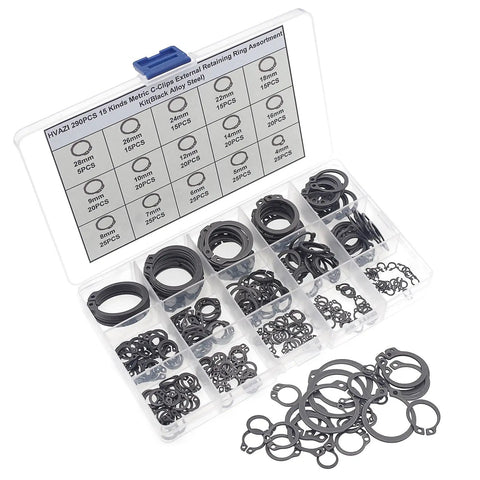 290 Piece C Clips External Retaining Ring Assortment Kit in case, black alloy steel, 15 sizes 4mm to 18mm, for machinery repairs