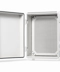 Open view of IP67 Waterproof Outdoor Electrical Junction Box with Mounting Plate and Hinged Grey Cover, 16.1x12.2x7.1 inches.