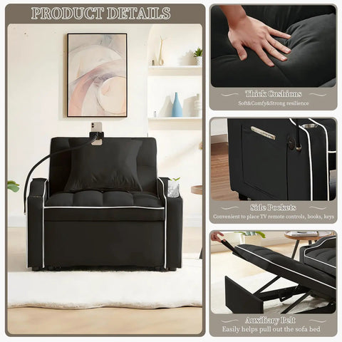 Three In One Velvet Sleeper Chair Bed With Phone Holder And USB Ports, showing thick cushions, side pockets, auxiliary belt