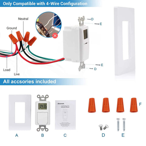 Image showing In Wall Timer Switch for Lights and Fans, 7 Day Programmable Digital Timer with wiring and installation components.