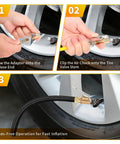 3-step connection process for 4 Pack 8mm Brass Tire Air Chuck Quick Connect Adapter For Twist On To Lock On Inflation No Air Loss Valve Connector Fits Milwaukee And Universal Car Inflator Pumps
