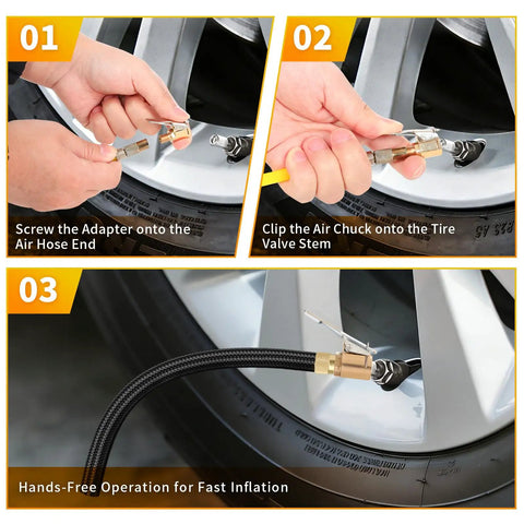 3-step connection process for 4 Pack 8mm Brass Tire Air Chuck Quick Connect Adapter For Twist On To Lock On Inflation No Air Loss Valve Connector Fits Milwaukee And Universal Car Inflator Pumps