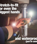 Handsfree LED Flashlight Gloves For Dads And DIYers used under sink for plumbing work, highlighting stretch-fit and waterproof design