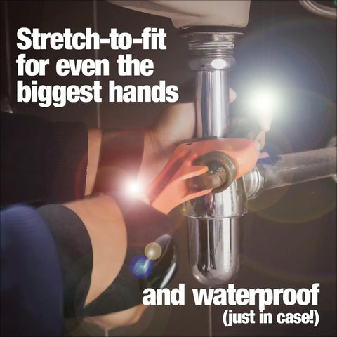 Handsfree LED Flashlight Gloves For Dads And DIYers used under sink for plumbing work, highlighting stretch-fit and waterproof design