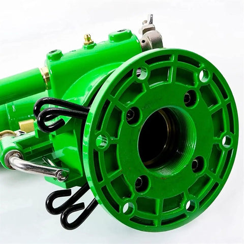 Close-up of green Rotary Sprinkler With Pressure Gauge Beast Coverage, 2 Inch Farm Irrigation Spray Gun showing flange inlet.