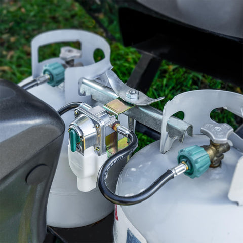 Propane Regulator Auto Changeover Two Stage For RVs With 11.5 Inch Pigtail Hose Connector 250 PSI 287500 BTU installed on tanks