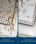Comparison of a dehydrator tray, clean with Silicone Dehydrator Sheets 14x14 Inch Pack Of 12 Reusable Nonstick Mesh, dirty without.