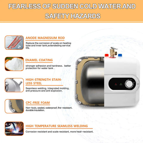 2.6 Gallon On Demand Electric Water Heater With LED Display Under Sink Mini Tank 110V Plug In cutaway view with features