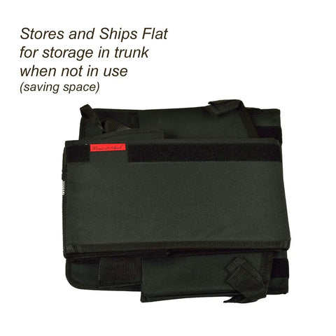 Heavy Duty Trunk Organizer With 28 Can Capacity Leak Proof Cooler, Rigid Base, shown folded for storage