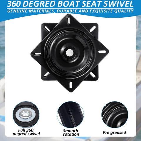 Two Pack Seven Inch Square Swivel Base Delivering A Tight Fit And Smooth Operator Spin Heavy Duty Flat Mount Bracket For Boat Seats Recliners And Bar Stools Black with 360-degree view.