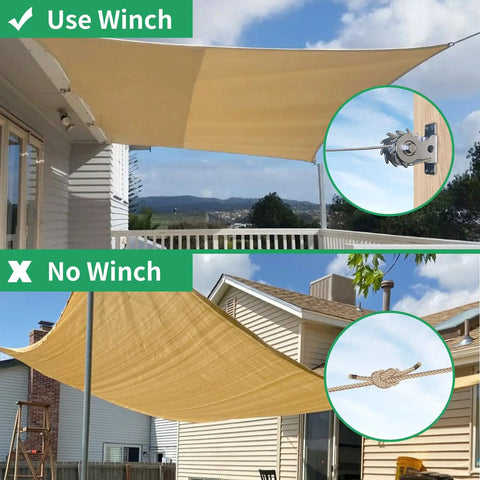 Shade Sail Hardware Kit All In One Ratchet Winch And Cable Rope Tightener For Rectangle Square And Triangle Shade Sail Installations includes winch and rope setup comparison
