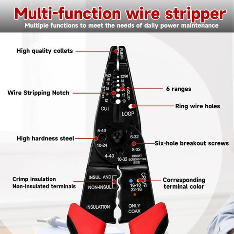 All In One 8 Inch Wire Stripper Cutter Crimping Tool For 10 To 22 AWG Cables With Screw Cutting Feature Heavy Duty Cable Stripping