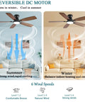 Total Room Glow Up 52 Inch Low Profile Ceiling Fan With Smart Ambient Lighting, Remote And Smartphone App Control, Whisper Silent DC Reversible Motor, Six Tuned Speeds, Easy Peasy Flush Mount, Brown Finish For Bedroom Or Chill Spot showing summer and winter air flow.