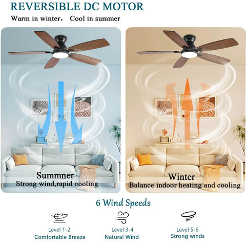 Total Room Glow Up 52 Inch Low Profile Ceiling Fan With Smart Ambient Lighting, Remote And Smartphone App Control, Whisper Silent DC Reversible Motor, Six Tuned Speeds, Easy Peasy Flush Mount, Brown Finish For Bedroom Or Chill Spot showing summer and winter air flow.