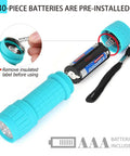 Open view of a blue flashlight from 10 Pack Nine LED Mini Flashlights With AAA Batteries Included And Pre Installed Ideal For Class Teaching Camping Or Wedding Favors And Everyday Use Compact And Durable For Easy Everyday Carry, showing battery compartment with pre-installed AAA batteries.
