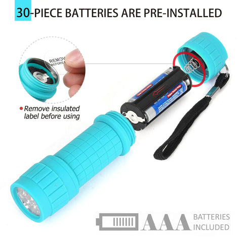 Open view of a blue flashlight from 10 Pack Nine LED Mini Flashlights With AAA Batteries Included And Pre Installed Ideal For Class Teaching Camping Or Wedding Favors And Everyday Use Compact And Durable For Easy Everyday Carry, showing battery compartment with pre-installed AAA batteries.