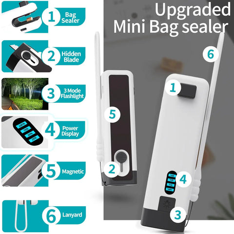 Rechargeable Mini Bag Sealer Three In One With Cutter And LED Flashlight Magnetic Base For Resealing Snack Bags And Plastic Bags Beige White