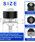 Size diagram of Trolley Roller Wheels For Unistrut Strut Channel Positioning Limit Kit 1-5-8 Inch System with steel and rubber components