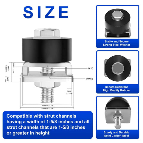 Size diagram of Trolley Roller Wheels For Unistrut Strut Channel Positioning Limit Kit 1-5-8 Inch System with steel and rubber components