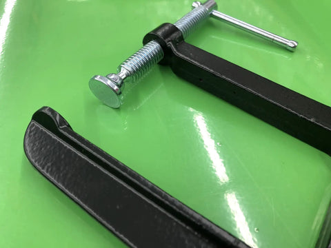 5 Inch Deep Throat U Clamp With About Two To Three Quarter Inch Jaw Opening And Five And A Half Inch Throat Depth, Malleable steel clamp