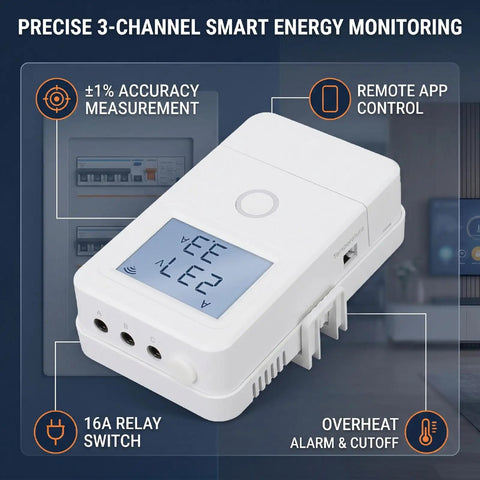 WiFi Energy Monitor With 3 Channel 100A Current Detection, Precise Power Meter For Home Or Office, Plug And Play Setup, Remote Control Via Smart Life And Tuya Apps, Global Voltage Support, Easy Router Connection, Real Time Power Tracking, white 3-channel power monitor with display