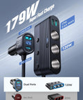 7 In 1 Cigarette Lighter Car Charger With 179W Total Power, 4 USB Ports And 3 Lighter Sockets, PD30W Fast Charge Display