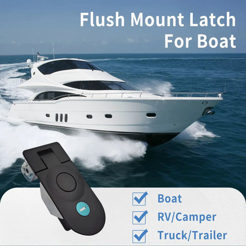 Heavy Duty Stainless Steel Boat Compression Latch 52mm Adjustable Flush Mount For Marine RV Electrical Cabinets shown on a yacht.