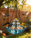 Hanging Solar Bird Bath Fountain With Glass Bowl Outdoor Garden Water Feature No Wiring Solar Pump Direct Sun Activated Gentle Flow For Hummingbirds Large Blue Hanging Bird Bath with birds