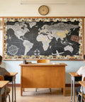 Vintage Travel Bulletin Board Border Roll With World Map Adventure Motifs in classroom, 65.6 ft long and 3 in wide, on chalkboard