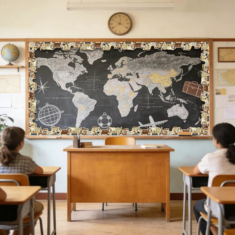 Vintage Travel Bulletin Board Border Roll With World Map Adventure Motifs in classroom, 65.6 ft long and 3 in wide, on chalkboard