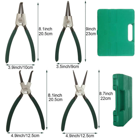 4 Pack 9 Inch Snap Ring Pliers Set Beefy Heavy Duty Internal External Circlip Pliers Kit With Straight And Bent Jaw Spring Loaded Precision For Ring Remover And Retaining Rings Green Handles, includes carrying case