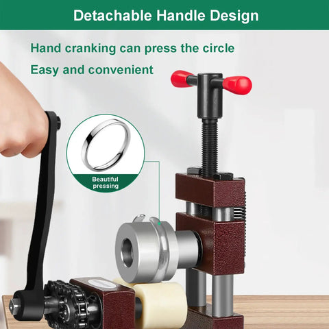 Adjustable Ring And Bracelet Bender Machine With Stainless Steel Rolling Mill for crafting spoon rings, featuring a detachable handle design.