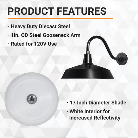 Outdoor Gooseneck Barn Light Fixture Satin Black With 17 Inch Shade And 14.5 Inch Extension Arm product features