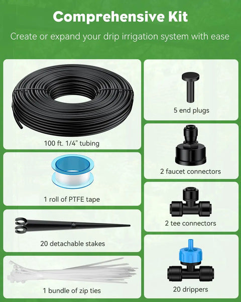 Plug And Play Drip Irrigation Kit 100 Ft With 1/4 Inch Tubing 20 Drippers 20 Stakes Tee Connectors End Plugs and Zip Ties