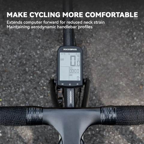 Out Front Bike Computer Mount For Garmin Edge shown attached to handlebars, extending forward to reduce neck strain.