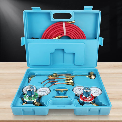 Acetylene Welding And Cutting Torch Kit For Home Garage Projects With Portable Regulator Hose Nozzles And Blue Storage Case Durable Stainless Steel And Brass Construction Pro Grade DIY Weld And Cut Set