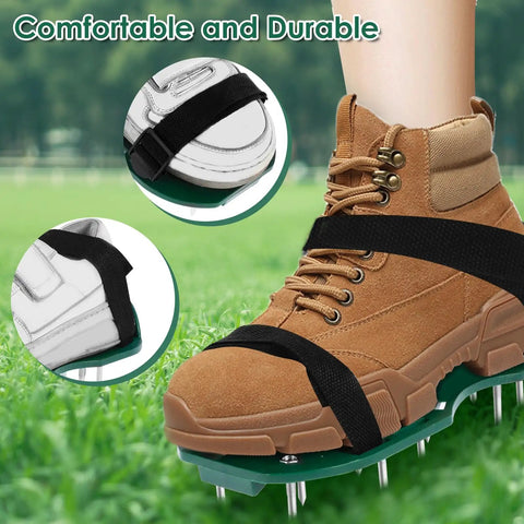 Brown boot wearing spiked lawn aerator shoes with adjustable straps on grass, promoting easy yard aeration with plastic sandals.